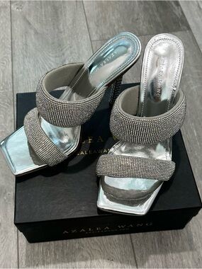 Azalea Wang Akira Silver Crystal-Strap Heeled Mules